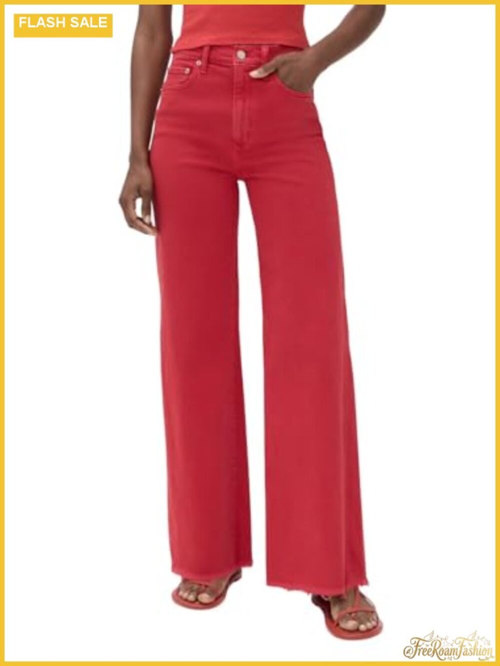 High Waisted Stretch Wide Leg Raw Hem Denim Jeans